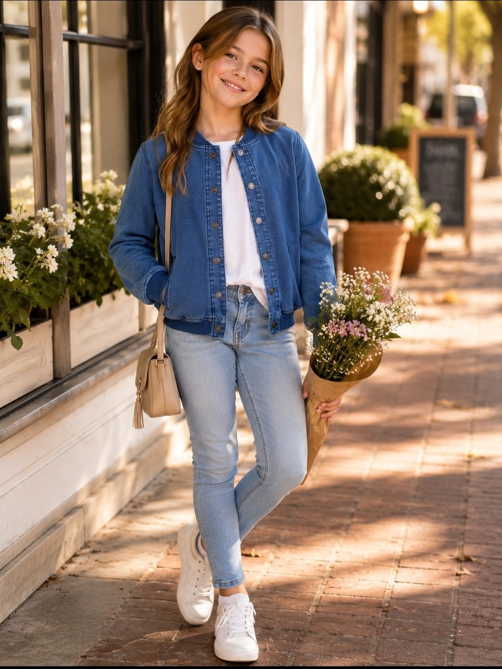 Cat & Jack Girls Denim Knit Bomber Jacket Blue Snap Front Cotton Blend L - 10 12